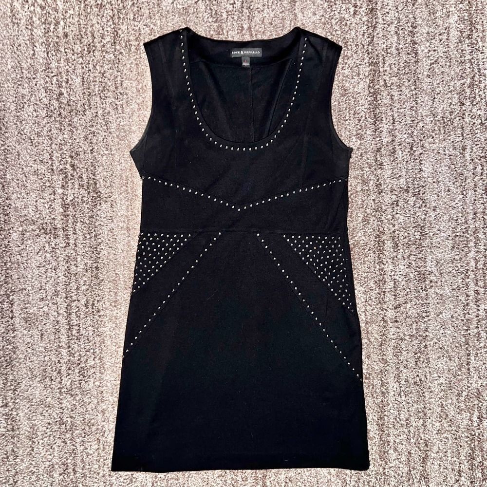 Rock and Republic Women's Sheath Column Short Mini Beaded Black Dress - Size L